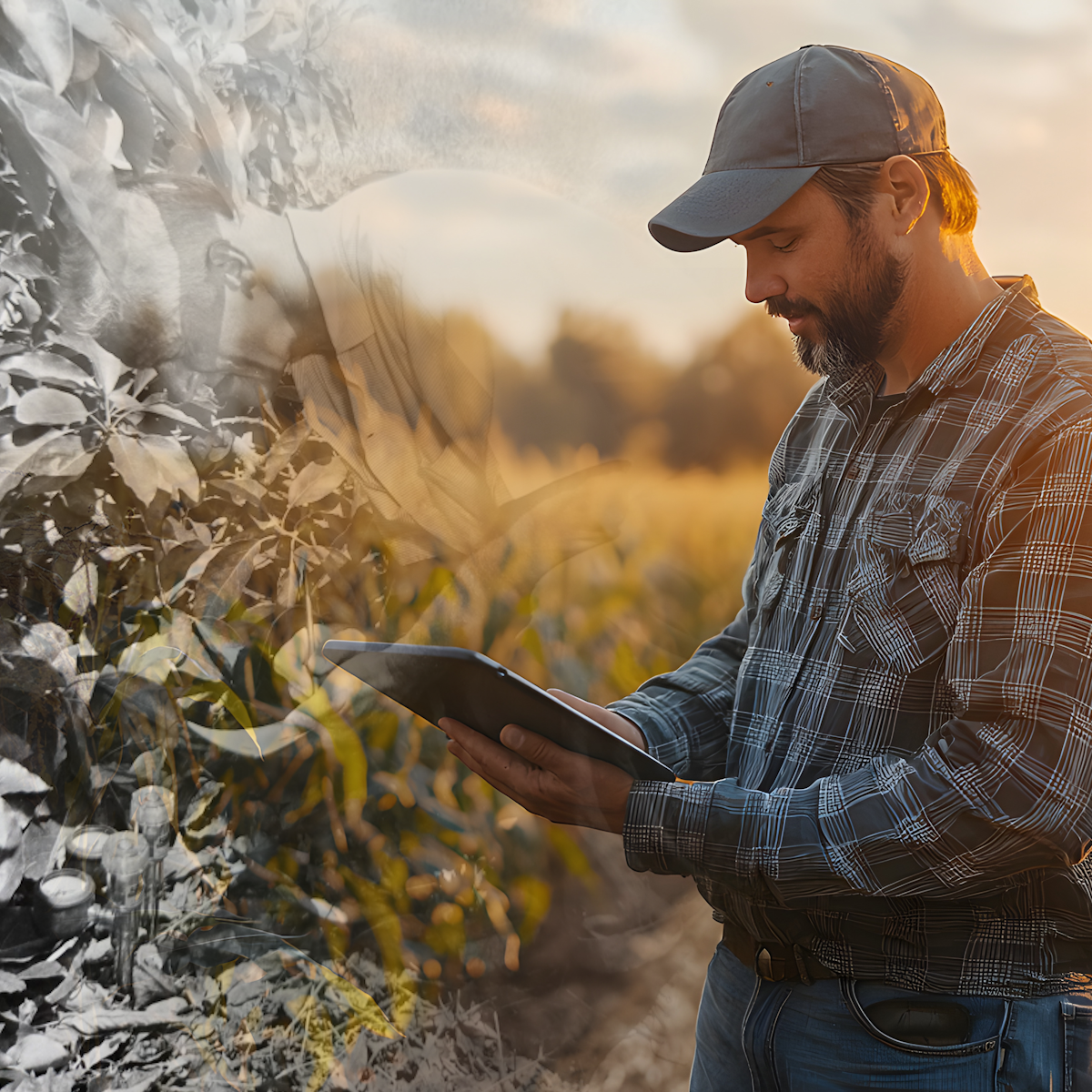 Grower checking irrigation data in orchard at sunset